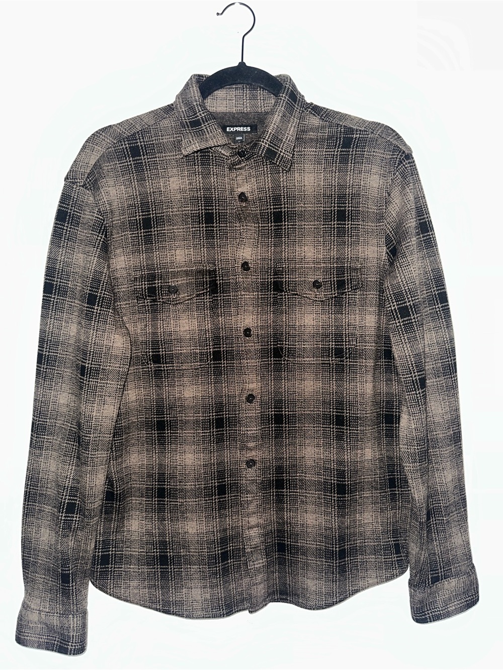 Express Men’s Black & Gray Plaid Button-Up Shirt